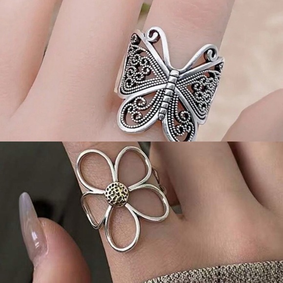 Jewelry - 🎁🎁2 FOR $15 BUNDLE Silver Filigree Butterfly and Minimalist Flower Ring